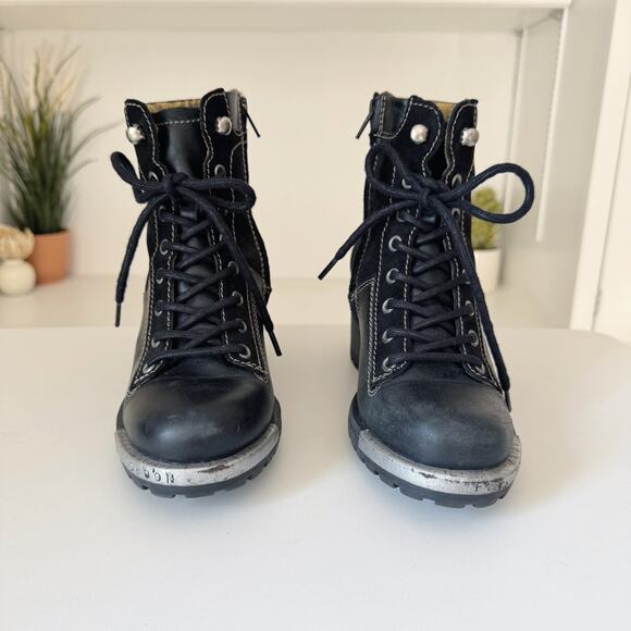 Fly London Black Leather Leal Logger Chunky Heel Combat Boots Size 38/7-7.5 - Picture 2 of 7